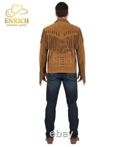 Men Western Cowboy Suede Fringe Jacket Beaded Native American Leather Jacket