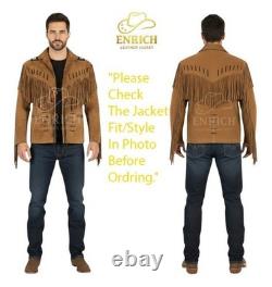 Men Western Cowboy Suede Fringe Jacket Beaded Native American Leather Jacket