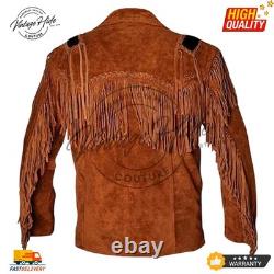 Men Western Cowboy Suede Fringe Jacket Native American Beaded Leather Coat