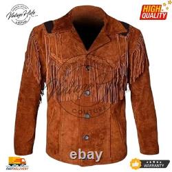 Men Western Cowboy Suede Fringe Jacket Native American Beaded Leather Coat