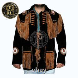 Men Western Suede Fringe Jacket with Beaded Native American Design
