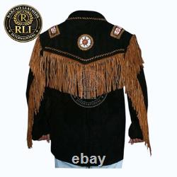 Men Western Suede Fringe Jacket with Beaded Native American Design