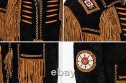 Men Western Suede Fringe Jacket with Beaded Native American Design