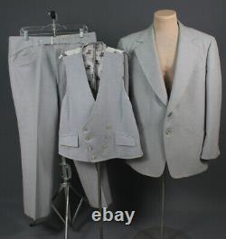 Men's 1970s 3pc Grey Western Leisure Suit Jacket L Pants 37x30 70s Vtg Disco