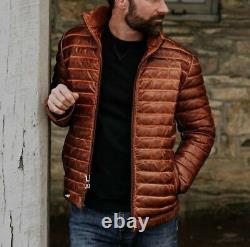 Men's Antique Brown Leather Jacket Puffer Fully Quilted Lambskin Jacket