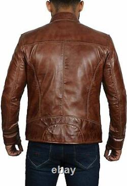 Men's Biker Real Leather Jacket Lambskin Motorcycle Distressed Wax Antique Brown