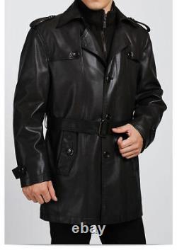 Men's Black Leather genuine lambskin Trench Overcoat 3/4 Coat Jacket