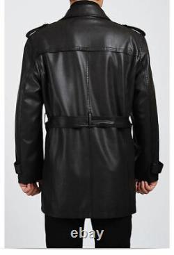 Men's Black Leather genuine lambskin Trench Overcoat 3/4 Coat Jacket