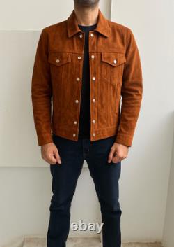 Men's Classic Western Semi Formal Brown Trucker Real Suede Leather Jacket