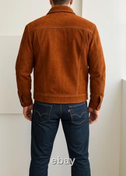 Men's Classic Western Semi Formal Brown Trucker Real Suede Leather Jacket