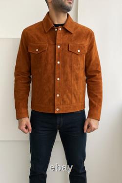 Men's Classic Western Semi Formal Brown Trucker Real Suede Leather Jacket