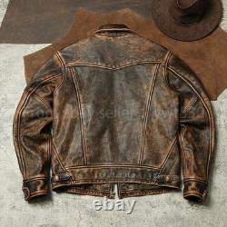 Men's Distressed Brown Buffalo Leather Jacket Vintage Western Zip Trucker Coat