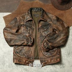 Men's Distressed Brown Buffalo Leather Jacket Vintage Western Zip Trucker Coat