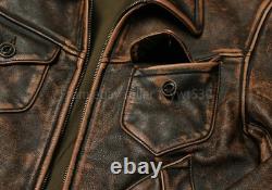 Men's Distressed Brown Buffalo Leather Jacket Vintage Western Zip Trucker Coat