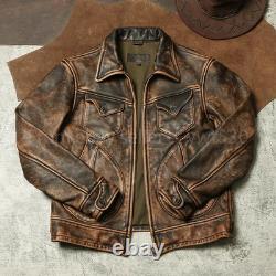 Men's Distressed Brown Buffalo Leather Jacket Vintage Western Zip Trucker Coat