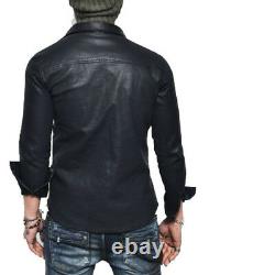 Men's Genuine Lambskin Leather Shirt Jacket Uniform Slim Fit Police Style Outfit