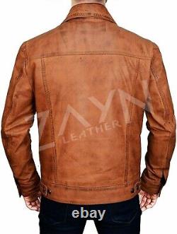 Men's Genuine Sheepskin Leather Vintage Distressed Brown Antique Trucker Jacket