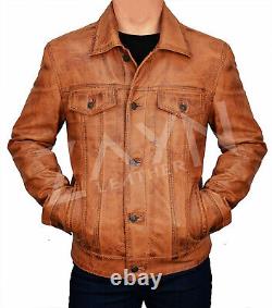Men's Genuine Sheepskin Leather Vintage Distressed Brown Antique Trucker Jacket