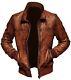 Men's Real Lambskin Leather Brown Bomber Jacket Fashion Biker Retro Coat Jacket