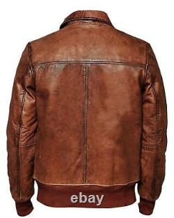 Men's Real Lambskin Leather Brown Bomber Jacket Fashion Biker Retro Coat Jacket