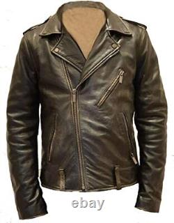 Men's Real Leather Brown Motorcycle Jacket Fashion Biker Retro Vintage Jacket