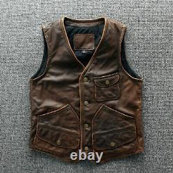Men's Real Leather Brown Waistcoat Punk Fashion Waxed Biker Retro Buttoned Vest