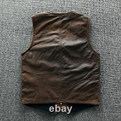 Men's Real Leather Brown Waistcoat Punk Fashion Waxed Biker Retro Buttoned Vest