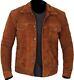 Men's Real Suede Leather Brown Trucker Jacket Fashion Biker Retro Buttoned Coat