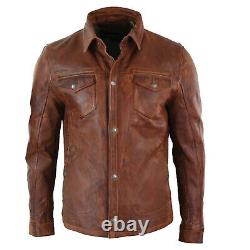 Men's Trucker Leather Jacket Tan Real Lambskin Classic Western Jackets