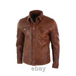 Men's Trucker Leather Jacket Tan Real Lambskin Classic Western Jackets