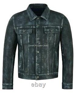 Men's Truckers Navy Vintage Real Leather Jacket Napa Casual Western Style 1280