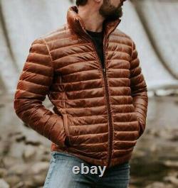Men's Vantage Antique Brown Leather Jacket Puffer Fully Quilted Lambskin Jacket