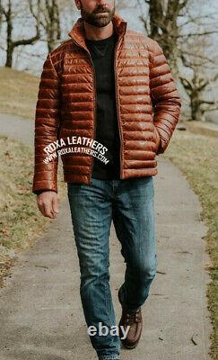 Men's Vinatge Antique Brown Leather Jacket Puffer Fully Quilted Lambskin Jacket