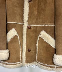 Men's Vintage 1970s Shearling Sheepskin Western Coat Suede Leather Tan USA L XL