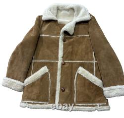 Men's Vintage 1970s Shearling Sheepskin Western Coat Suede Leather Tan USA L XL