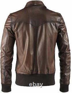 Men's Vintage Brown Motorcycle Waxed Brown Bomber Tucker Lambskin Leather Jacket
