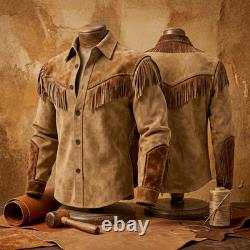 Men's Western Fringe Suede Jacket Vintage Brown Cowboy Leather Tassel Coat