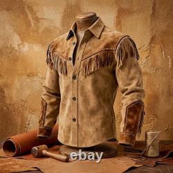 Men's Western Fringe Suede Jacket Vintage Brown Cowboy Leather Tassel Coat