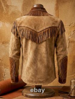 Men's Western Fringe Suede Jacket Vintage Brown Cowboy Leather Tassel Coat