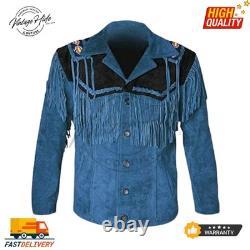 Men's Western Suede Leather Jacket Fringe Native American Cowboy Coat Vintage