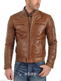 Mens 100% Real Lambskin Soft Napa Leather Tan Brown Biker Motorcycle Jacket coat