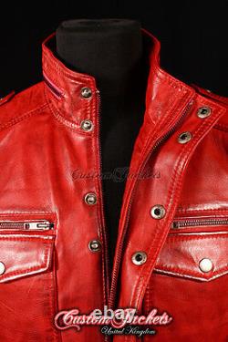 Mens BANDIT VINTAGE RED Safari Jacket Western Cowboy Biker Leather Shirt Blouson