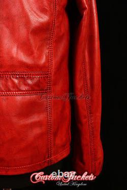 Mens BANDIT VINTAGE RED Safari Jacket Western Cowboy Biker Leather Shirt Blouson