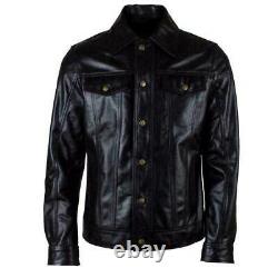 Mens Black Real Leather Casual Fitted Denim Western Shirt Style Jean Jacket Coat