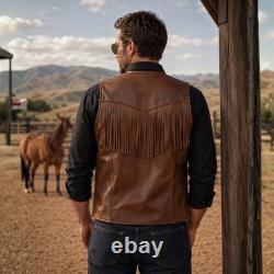 Mens Fringe Leather Vest Western Cowboy Vest Brown Motorcycle Leather Vest