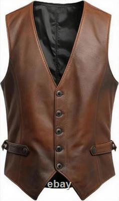 Mens Genuine Western Vest Brown Vintage Lambskin Distressed Leather Vest For Men