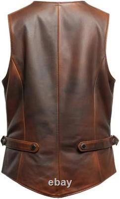 Mens Genuine Western Vest Brown Vintage Lambskin Distressed Leather Vest For Men