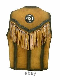 Mens Native American Western Buckskin Leather Vest Glass Beads Work Vintage