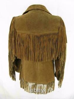 Mens Native American Western Wear Brown Suede Leather Jacket With Fringes