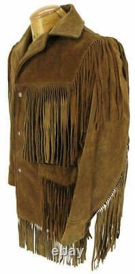 Mens Native American Western Wear Brown Suede Leather Jacket With Fringes